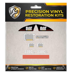 May include: A precision vinyl restoration kit in a clear plastic package with a black and yellow header. The kit contains various black, white, and red adhesive decals featuring the text CAT, CATERPILLAR, and 330CL, along with red striped decals.