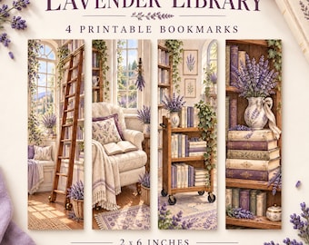 Segnalibri stampabili, 4 design a tema lavanda per la biblioteca, formato PNG e PDF (2 x 6 pollici).