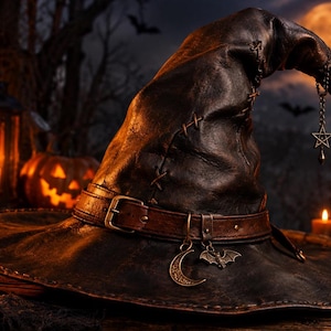 May include: A dark brown, weathered leather witch hat featuring a wide brim and a pointed crown. A brown leather belt with a metal buckle encircles the base, adorned with hanging metal charms including a crescent moon, a bat, and a star.