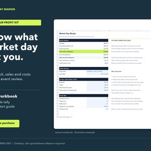 May include: A digital spreadsheet workbook titled Market Day Margin, featuring a dark blue background with lime green accents. The layout includes text sections detailing a craft fair profit kit, a 3-tab workbook, and a spreadsheet preview.