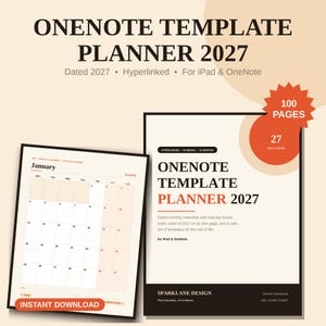May include: A digital OneNote template planner for 2027 featuring a monthly calendar view for January, a cover page with 100 pages, 27 fully dated sections, hyperlinked navigation, and compatibility for iPad and OneNote, labeled Sparklane Design.