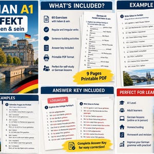 Pode incluir: Um recurso educativo digital intitulado German A1 Perfekt mit haben & sein, que inclui 60 exercícios de gramática, atividades de construção de frases e uma chave de respostas. O PDF imprimível contém várias páginas de exercícios de preenchimento sobre conjugação verbal, ilustradas com imagens de monumentos alemães.