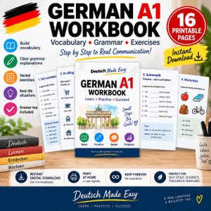 Puede incluir: Un libro de ejercicios de alemán A1 con una ilustración de la Puerta de Brandeburgo en la portada y el texto 'Learn, Practice, Succeed'. El conjunto incluye varias páginas imprimibles con vocabulario, ejercicios de gramática y situaciones reales.