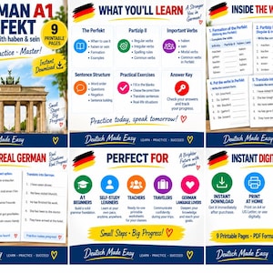 May include: A digital German A1 grammar workbook featuring nine printable pages. The content includes explanations of the Perfekt tense, verb conjugation with haben and sein, sentence structure, and practical exercises with an answer key.