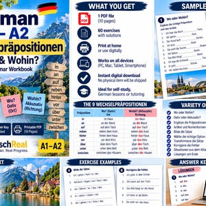 Könnte beinhalten: Ein digitales deutsches Grammatik-Arbeitsbuch mit dem Titel German A1-A2 Wechselpräpositionen Wo? & Wohin? mit 60 Übungen, Erklärungen und einem Lösungsschlüssel. Das Dokument enthält Beispielseiten, eine Tabelle der 9 Präpositionen und Übungsbeispiele.