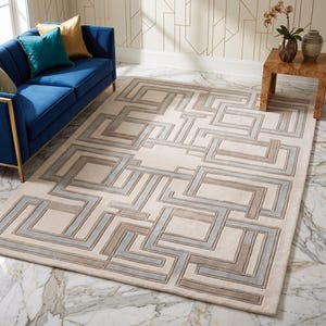 Hand Tufted Wool Area Rug | Modern Geometric Maze Rug | Ivory Beige & Gray Abstract Rug | Contemporary Living Room Rug | Handmade Carpet