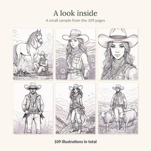 Puede incluir: Un libro para colorear con 109 p&aacute;ginas de ilustraciones en blanco y negro. La portada muestra seis paneles con vaqueros, vaqueras, caballos y ovejas en paisajes del oeste con el texto A look inside y 109 illustrations in total.