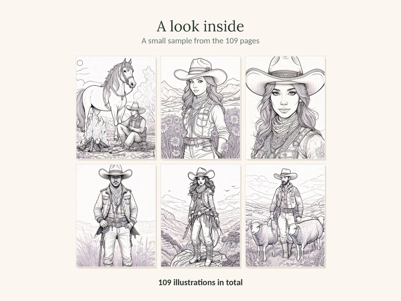 Puede incluir: Un libro para colorear con 109 p&aacute;ginas de ilustraciones en blanco y negro. La portada muestra seis paneles con vaqueros, vaqueras, caballos y ovejas en paisajes del oeste con el texto A look inside y 109 illustrations in total.