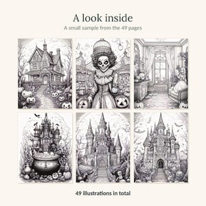 May include: A coloring book sample featuring 49 illustrations in total. The text reads A look inside and A small sample from the 49 pages. Six black and white line art images show a haunted house, a skeleton figure, a room, and three castles.
