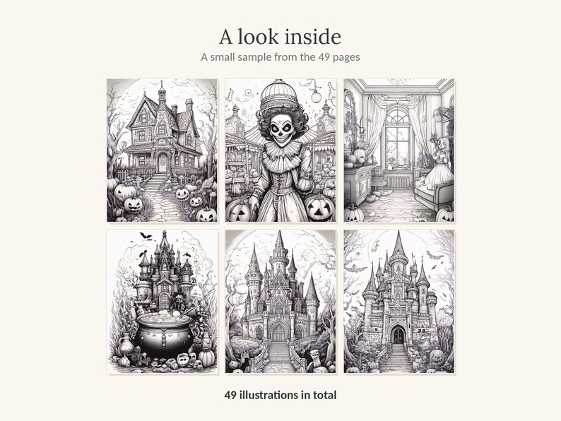 May include: A coloring book sample featuring 49 illustrations in total. The text reads A look inside and A small sample from the 49 pages. Six black and white line art images show a haunted house, a skeleton figure, a room, and three castles.