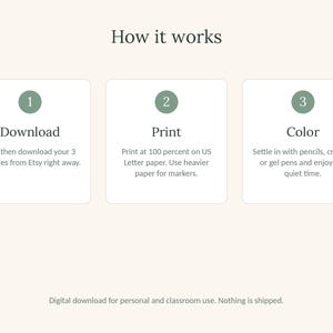 May include: An instructional graphic titled How it works with three numbered steps in sage green circles. Step 1: Download, buy and download 3 PDF files. Step 2: Print, print at 100 per cent on US Letter paper. Step 3: Colour, use pencils, crayons or gel pens.