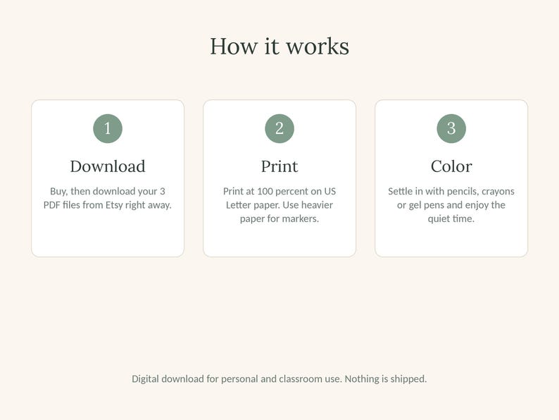May include: An instructional graphic titled How it works with three numbered steps in sage green circles. Step 1: Download, buy and download 3 PDF files. Step 2: Print, print at 100 per cent on US Letter paper. Step 3: Colour, use pencils, crayons or gel pens.