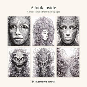 May include: A collection of six black and white line art illustrations featuring detailed portraits and fantasy landscapes. The text reads A look inside, A small sample from the 84 pages, and 84 illustrations in total. These are intricate drawings.