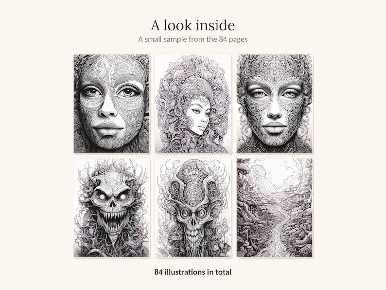 May include: A collection of six black and white line art illustrations featuring detailed portraits and fantasy landscapes. The text reads A look inside, A small sample from the 84 pages, and 84 illustrations in total. These are intricate drawings.