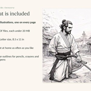 May include: A digital coloring book titled Calm Kids Sensory featuring 59 illustrations, 3 PDF files under 20 MB, and US Letter size 8.5 x 11 inches. The image shows a black and white line drawing of a person in traditional attire kneeling.