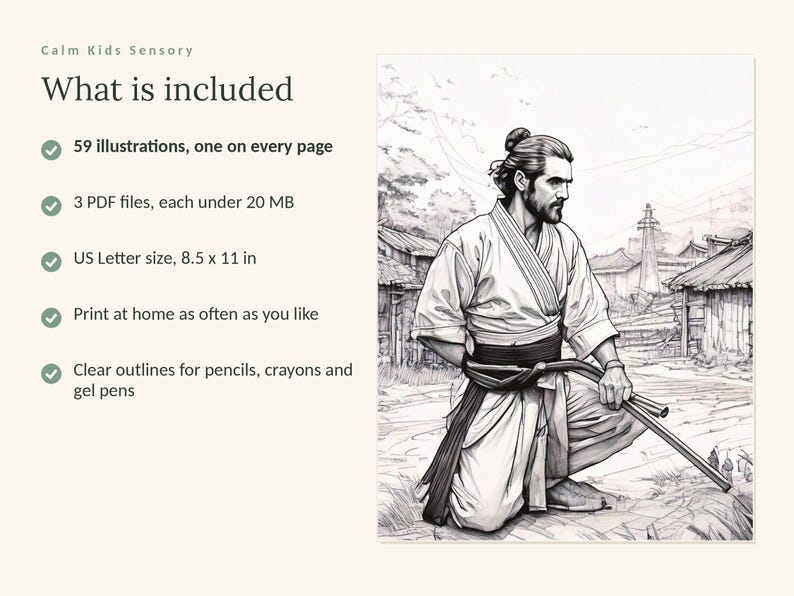 May include: A digital coloring book titled Calm Kids Sensory featuring 59 illustrations, 3 PDF files under 20 MB, and US Letter size 8.5 x 11 inches. The image shows a black and white line drawing of a person in traditional attire kneeling.