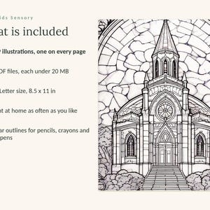 May include: A digital coloring page featuring a detailed black and white line drawing of a church with a tall steeple and arched windows. Text includes Calm Kids Sensory, What is included, 129 illustrations, 5 PDF files, 8.5 x 11 in.
