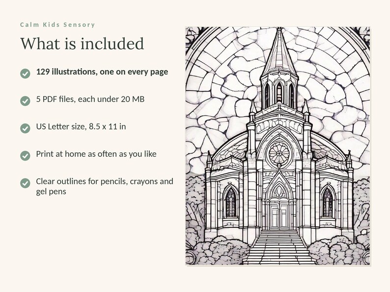May include: A digital coloring page featuring a detailed black and white line drawing of a church with a tall steeple and arched windows. Text includes Calm Kids Sensory, What is included, 129 illustrations, 5 PDF files, 8.5 x 11 in.