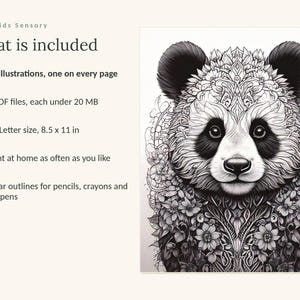 May include: A digital coloring book featuring a black and white panda illustration with intricate floral patterns. Text includes: Calm Kids Sensory, What is included, 99 illustrations, one on every page, 5 PDF files, each under 20 MB, US Letter size, 8.5 x 11 in, Print at home as often as you like, Clear outlines for pencils, crayons and gel pens.
