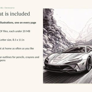 May include: A digital coloring book product listing titled Calm Kids Sensory. It includes 79 illustrations, 4 PDF files under 20 MB, US Letter size 8.5 x 11 inches, and printable pages. The image shows a black and white line drawing of a sports car.