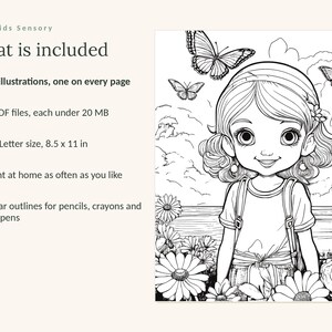 May include: A digital coloring book titled Calm Kids Sensory featuring 39 illustrations. The text lists 3 PDF files under 20 MB, US Letter size 8.5 x 11 in, and clear outlines for pencils, crayons, and gel pens. A black and white line art drawing shows a child in a field of flowers with butterflies.