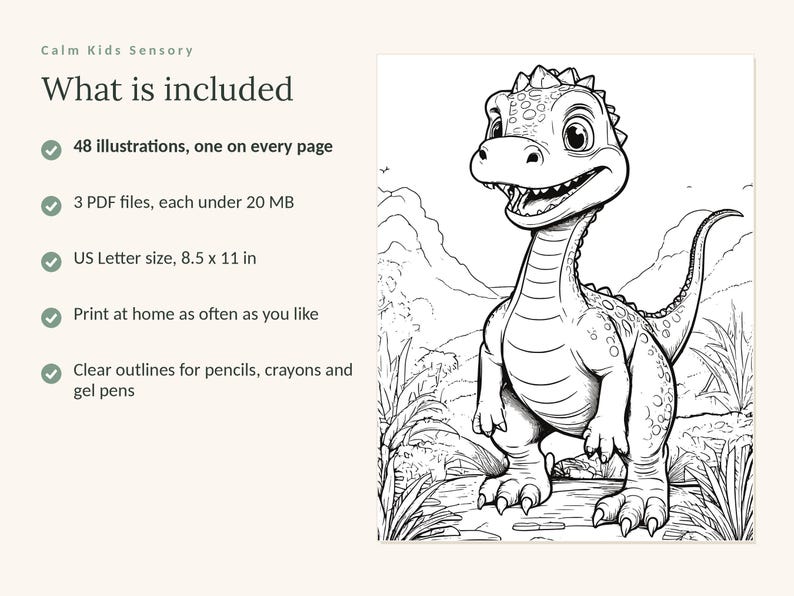 May include: A digital coloring page set titled Calm Kids Sensory. The text What is included lists 48 illustrations, 3 PDF files under 20 MB, US Letter size 8.5 x 11 in, print at home, and clear outlines for pencils, crayons, and gel pens.