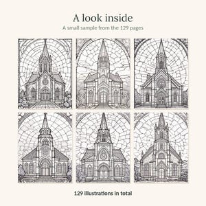 May include: A coloring book page sample featuring six distinct black and white line art illustrations of churches set against stained glass backgrounds. The text reads A look inside, A small sample from the 129 pages, and 129 illustrations in total.