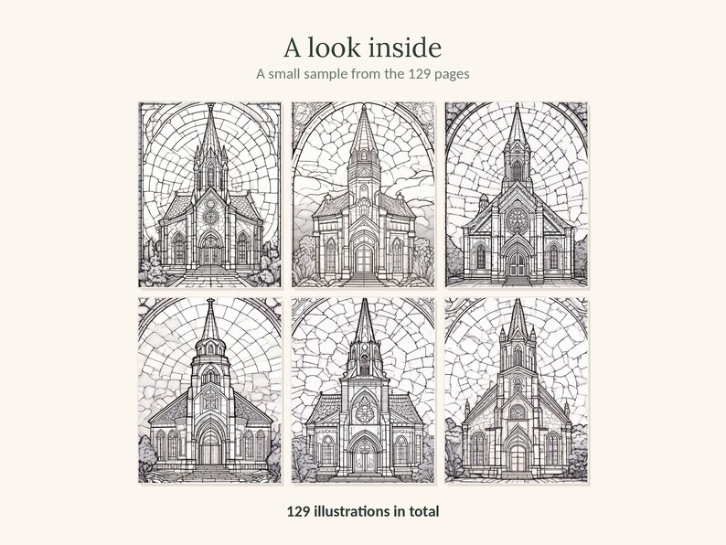 May include: A coloring book page sample featuring six distinct black and white line art illustrations of churches set against stained glass backgrounds. The text reads A look inside, A small sample from the 129 pages, and 129 illustrations in total.