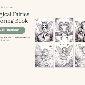 May include: A digital coloring book titled Magical Fairies Coloring Book with 49 illustrations. The product includes 3 print-ready PDF files in US Letter 8.5 x 11 inch format. The cover displays six black and white line art fairy drawings.