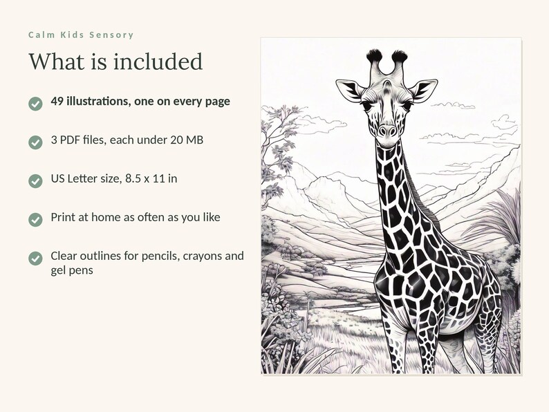May include: A digital coloring book page featuring a giraffe in a landscape with mountains and trees. Text includes: Calm Kids Sensory, What is included, 49 illustrations, one on every page, 3 PDF files, each under 20 MB, US Letter size, 8.5 x 11 in.