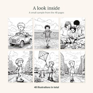 May include: A coloring book sample featuring six black and white line art illustrations of children in various settings, including driving a toy car, running on a beach, having a picnic, and flying a kite. The text reads A look inside and 48 illustrations in total.
