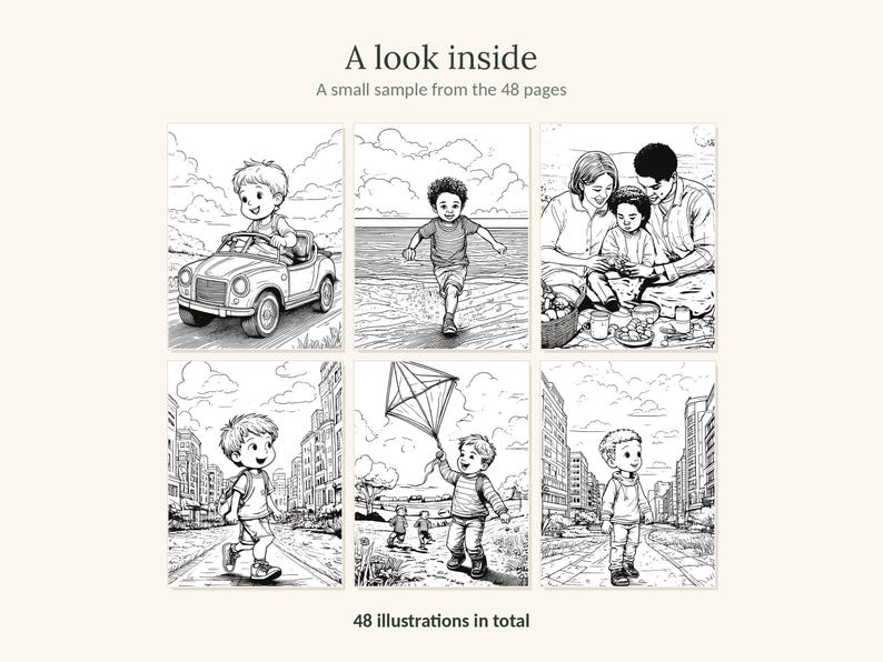 May include: A coloring book sample featuring six black and white line art illustrations of children in various settings, including driving a toy car, running on a beach, having a picnic, and flying a kite. The text reads A look inside and 48 illustrations in total.