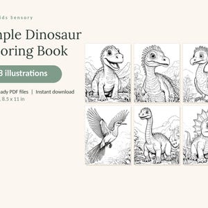 May include: A digital coloring book titled Calm Kids Sensory Simple Dinosaur Coloring Book with 48 illustrations. It includes 3 print-ready PDF files in US Letter 8.5 x 11 in format, featuring six black and white line art dinosaur drawings.