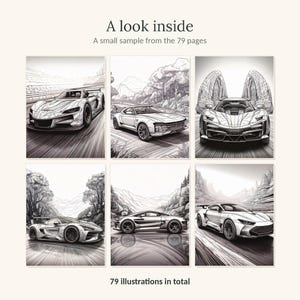 May include: A collection of six black and white line art illustrations of sports cars in various settings. The text at the top reads A look inside A small sample from the 79 pages and the text at the bottom reads 79 illustrations in total.
