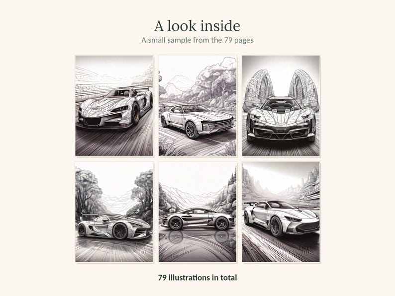 May include: A collection of six black and white line art illustrations of sports cars in various settings. The text at the top reads A look inside A small sample from the 79 pages and the text at the bottom reads 79 illustrations in total.