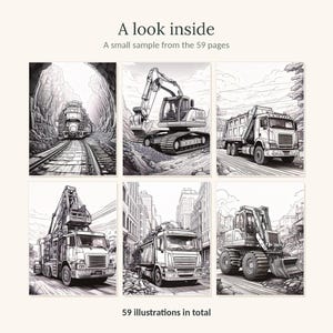 May include: A collection of six black and white line art illustrations featuring construction vehicles and a train. The text reads A look inside, A small sample from the 59 pages, and 59 illustrations in total. The images show a train, excavator, and trucks.