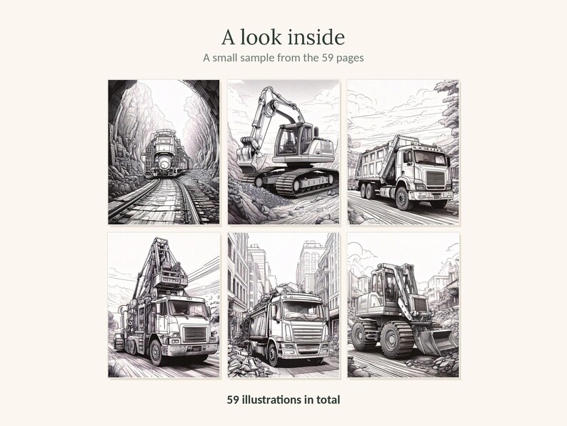 May include: A collection of six black and white line art illustrations featuring construction vehicles and a train. The text reads A look inside, A small sample from the 59 pages, and 59 illustrations in total. The images show a train, excavator, and trucks.