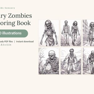 May include: A digital coloring book titled Calm Kids Sensory Scary Zombies Coloring Book with 90 illustrations. It includes 5 print-ready PDF files in US Letter 8.5 x 11 in format, featuring six black and white line art drawings of zombies.