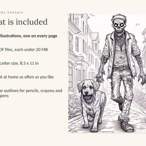 May include: A digital coloring book page featuring a skeleton figure in a jacket and jeans walking a dog on a city street. Text includes: Calm Kids Sensory, What is included, 90 illustrations, 5 PDF files, US Letter size 8.5 x 11 in.