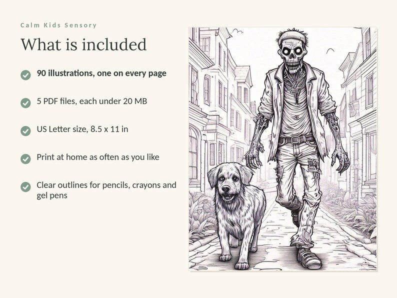 May include: A digital coloring book page featuring a skeleton figure in a jacket and jeans walking a dog on a city street. Text includes: Calm Kids Sensory, What is included, 90 illustrations, 5 PDF files, US Letter size 8.5 x 11 in.