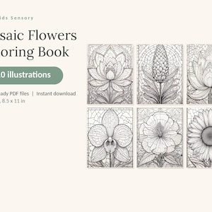 May include: A digital coloring book titled Calm Kids Sensory Mosaic Flowers Coloring Book with 110 illustrations. It includes 5 print-ready PDF files in US Letter 8.5 x 11 in format, featuring six black and white floral line art designs.