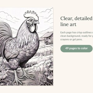 May include: A black and white colouring book page featuring a detailed rooster standing in a field with a small barn in the background. The text reads: Clear, detailed line art. Each page has crisp outlines on a clean background, ready for pencils, crayons or gel pens. 49 pages to colour.