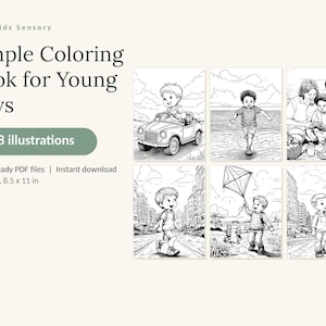 May include: A digital coloring book titled Calm Kids Sensory Simple Coloring Book for Young Boys featuring 48 illustrations. The product includes 3 print-ready PDF files in US Letter size, 8.5 x 11 inches, showcasing black and white line art.