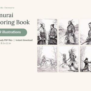 May include: A digital Samurai Coloring Book featuring 59 illustrations. The text reads Calm Kids Sensory, Samurai Coloring Book, 59 illustrations, 3 print-ready PDF files, Instant download, and US Letter, 8.5 x 11 in. Includes six black and white drawings.