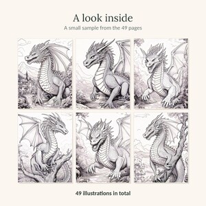 May include: A collection of six black and white line art illustrations of dragons in a coloring book. The text at the top reads A look inside A small sample from the 49 pages and the text at the bottom reads 49 illustrations in total.