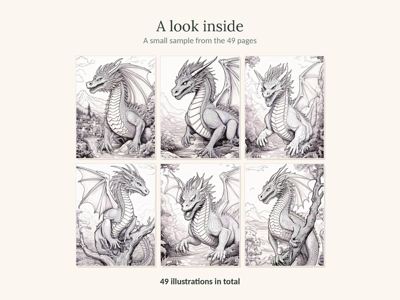 May include: A collection of six black and white line art illustrations of dragons in a coloring book. The text at the top reads A look inside A small sample from the 49 pages and the text at the bottom reads 49 illustrations in total.
