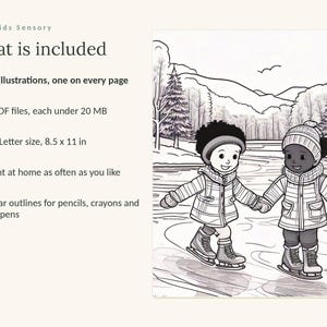 Może przedstawiać: Cyfrowa kolorowanka zatytułowana Calm Kids Sensory. Zawiera 49 ilustracji, 3 pliki PDF poniżej 20 MB, format US Letter 8,5 x 11 cali oraz wyraźne kontury. Obraz przedstawia dwoje dzieci jeżdżących na łyżwach w zimowym krajobrazie.