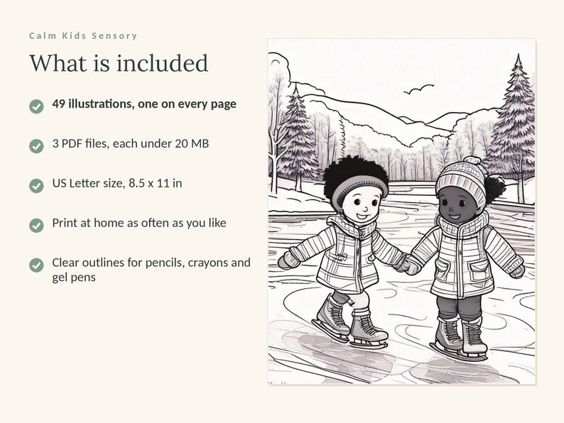 Może przedstawiać: Cyfrowa kolorowanka zatytułowana Calm Kids Sensory. Zawiera 49 ilustracji, 3 pliki PDF poniżej 20 MB, format US Letter 8,5 x 11 cali oraz wyraźne kontury. Obraz przedstawia dwoje dzieci jeżdżących na łyżwach w zimowym krajobrazie.