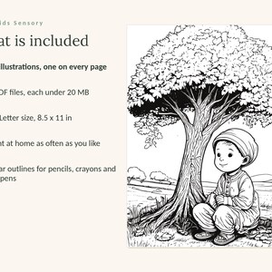 May include: A digital coloring book product listing titled Calm Kids Sensory. It includes 48 illustrations, 3 PDF files under 20 MB, US Letter size 8.5 x 11 in, and print-at-home capability. The image shows a black and white line drawing of a child sitting under a large tree.