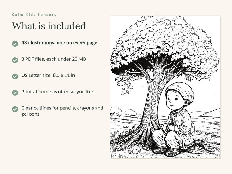 May include: A digital coloring book product listing titled Calm Kids Sensory. It includes 48 illustrations, 3 PDF files under 20 MB, US Letter size 8.5 x 11 in, and print-at-home capability. The image shows a black and white line drawing of a child sitting under a large tree.